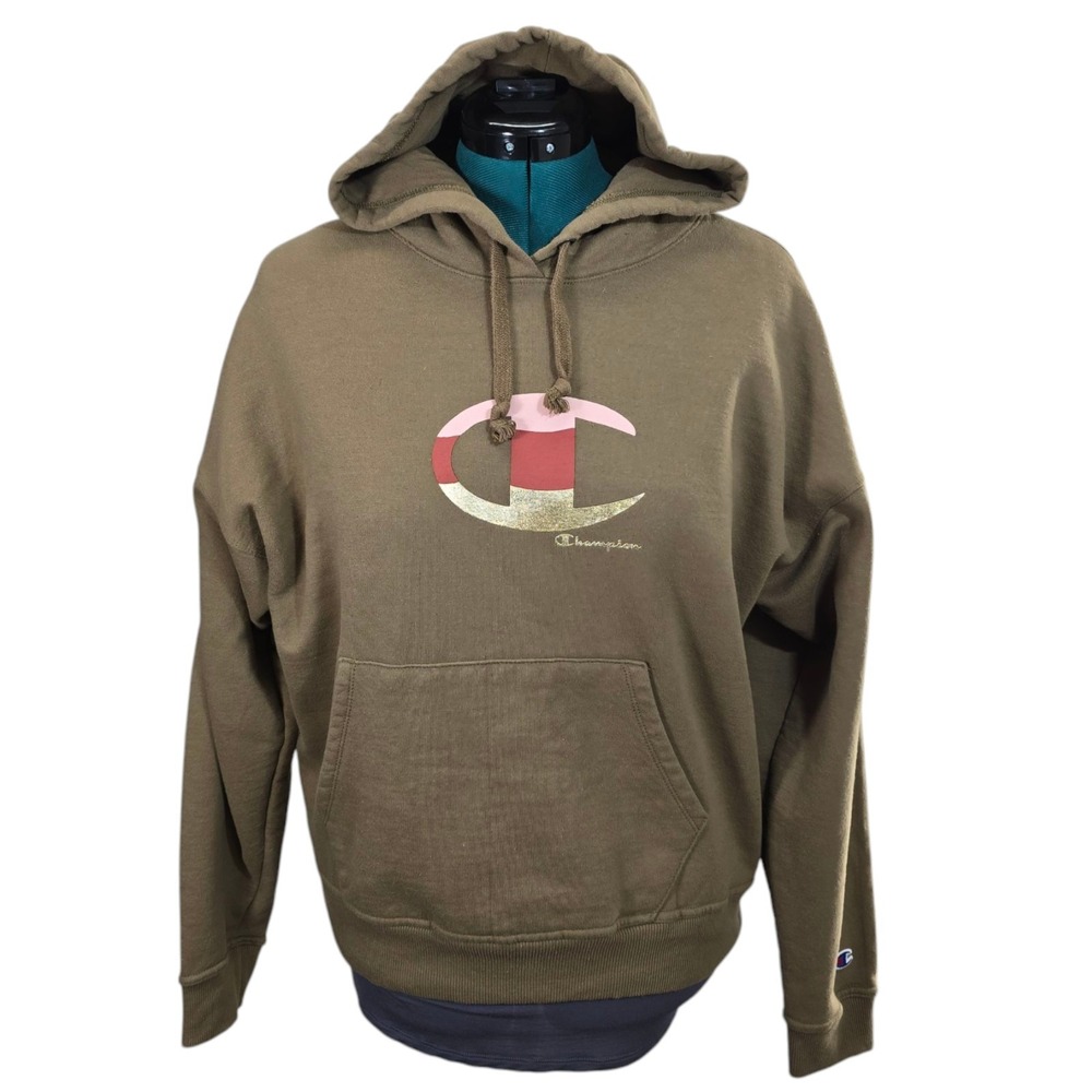 Champion Graphic Hoodie Big C Logo Pink Gold Women's Size Large‎